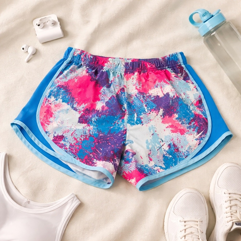 Nike Dri-FIT Tempo Running Shorts Womens Small Pink Blue Abstract Splatter Print